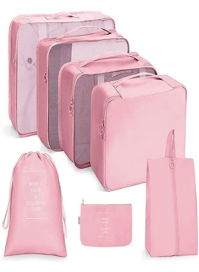 BKQPTL Travel organizer 7 in 1 Travel Packing Cosmetics Luggage Packing Organizers Set Makeup Bags,Laundry Cosmetics Organizer Packing Cubes with Shoe Bag for travel (Pink, nylon) - Image 1